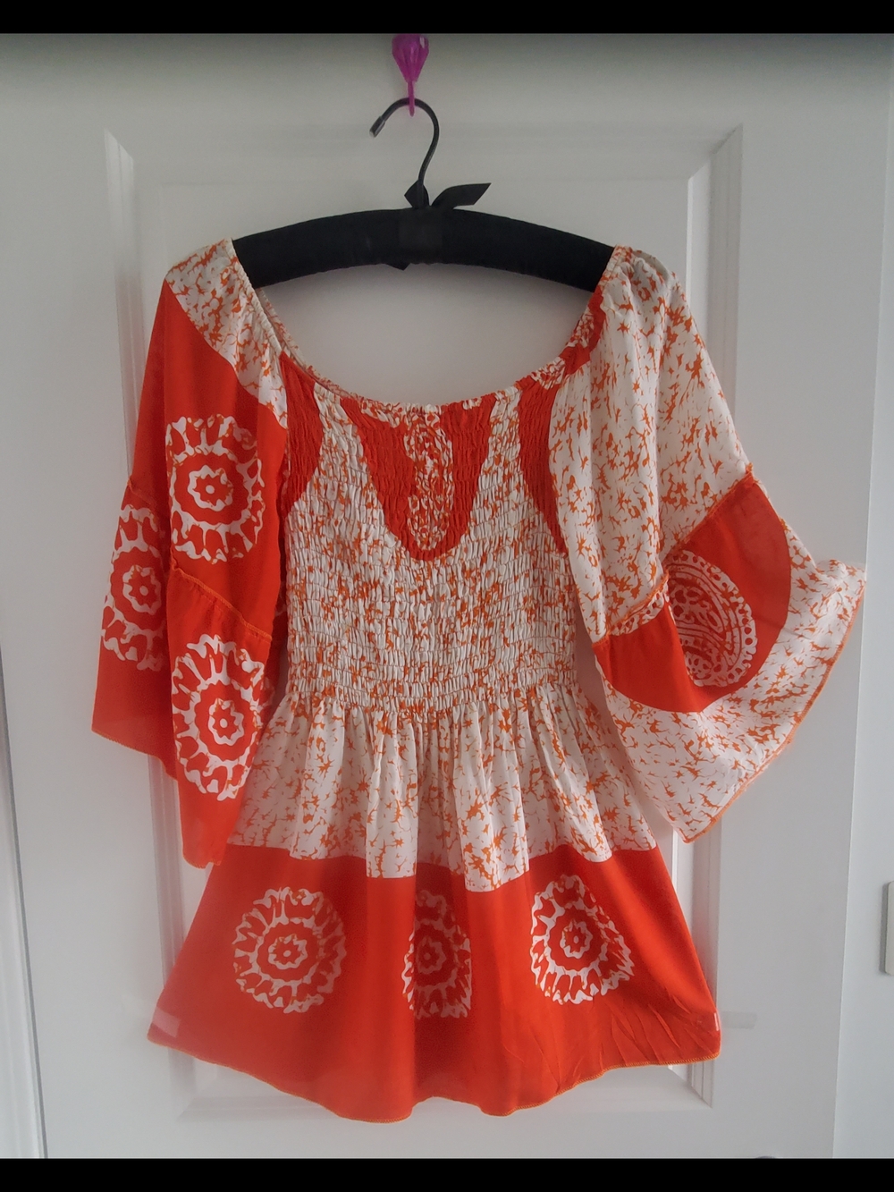 Boho Off-Shoulder Smocked Women's Top in Orange and White